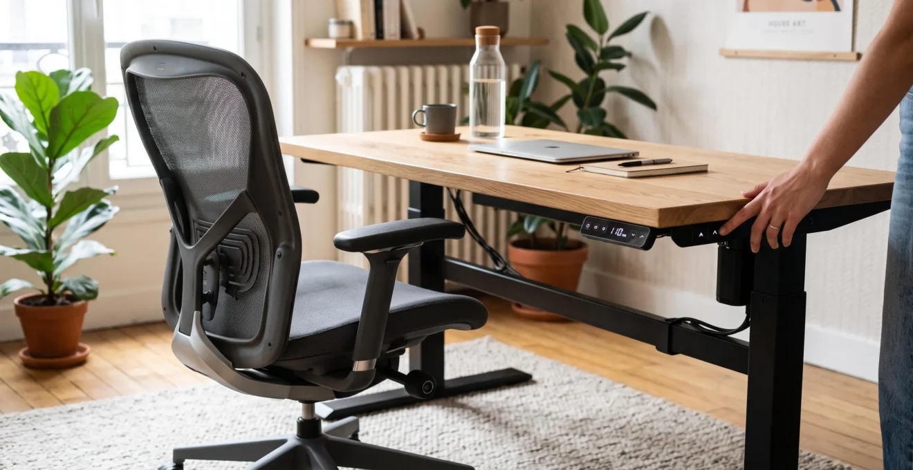 Bureau assis-debout réglable en hauteur avec chaise ergonomique à support lombaire dans un environnement de travail résidentiel.