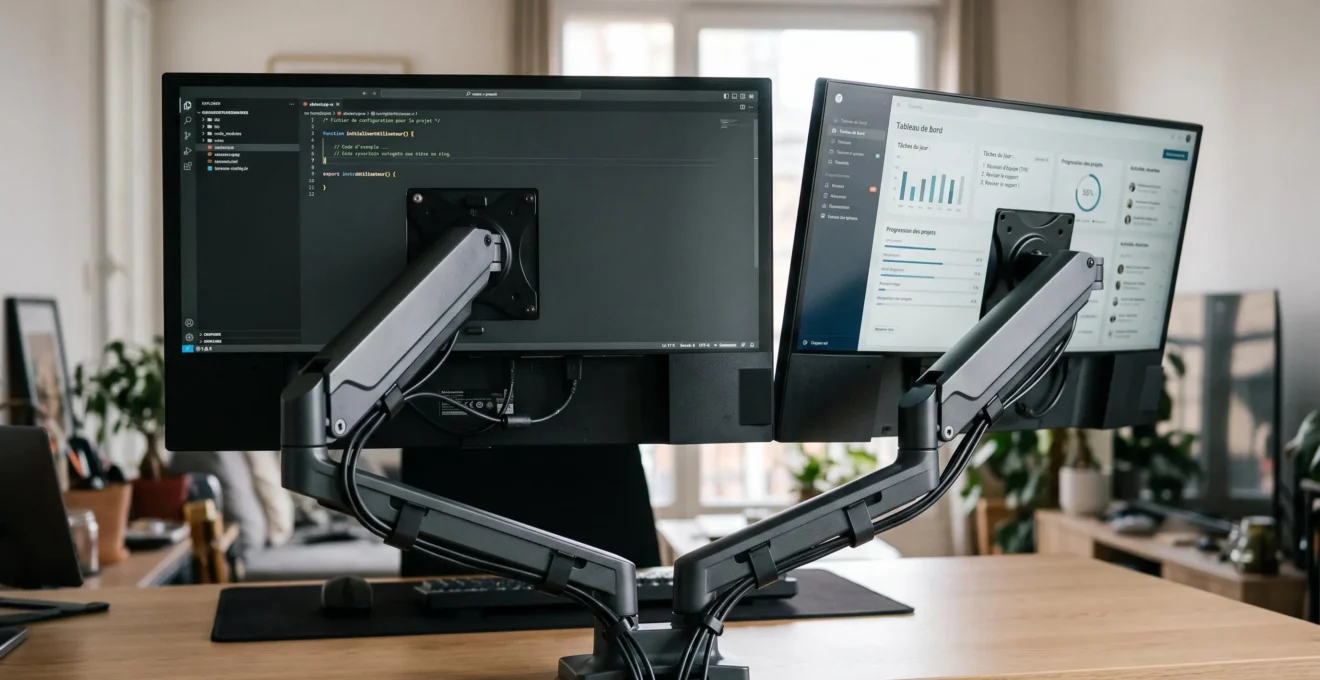 Configuration double écran avec bras articulés montrant interfaces de travail et polyvalence d'usage sur un bureau de setup hybride.