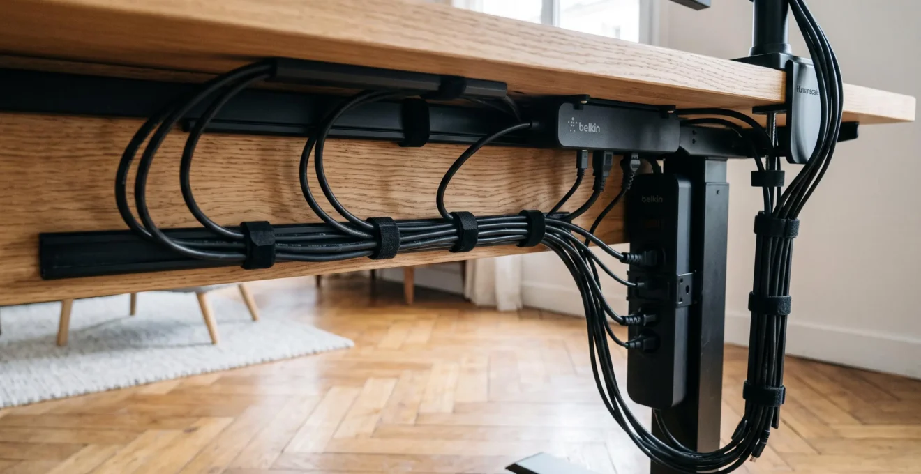 Organisation des câbles sous un bureau de travail hybride avec goulottes, velcros et multiprise fixée pour un cable management soigné.
