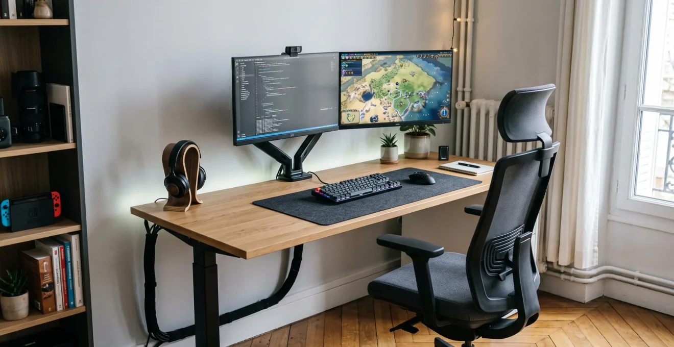 Vue d'ensemble d'un setup de bureau hybride combinant ergonomie professionnelle et configuration gaming dans un intérieur résidentiel français.