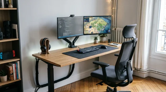 Vue d'ensemble d'un setup de bureau hybride combinant ergonomie professionnelle et configuration gaming dans un intérieur résidentiel français.