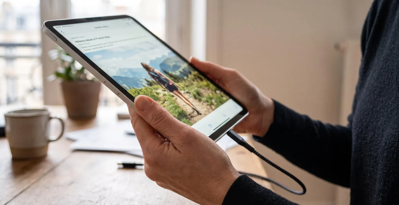 Mains tenant une tablette branchée à un câble pour vérifier son écran et sa connectique.