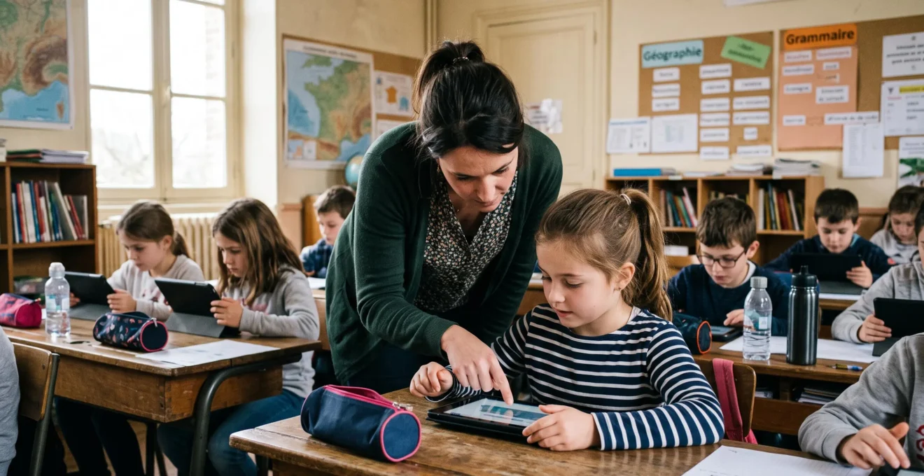 Une enseignante aide un élève à utiliser une tablette en classe.