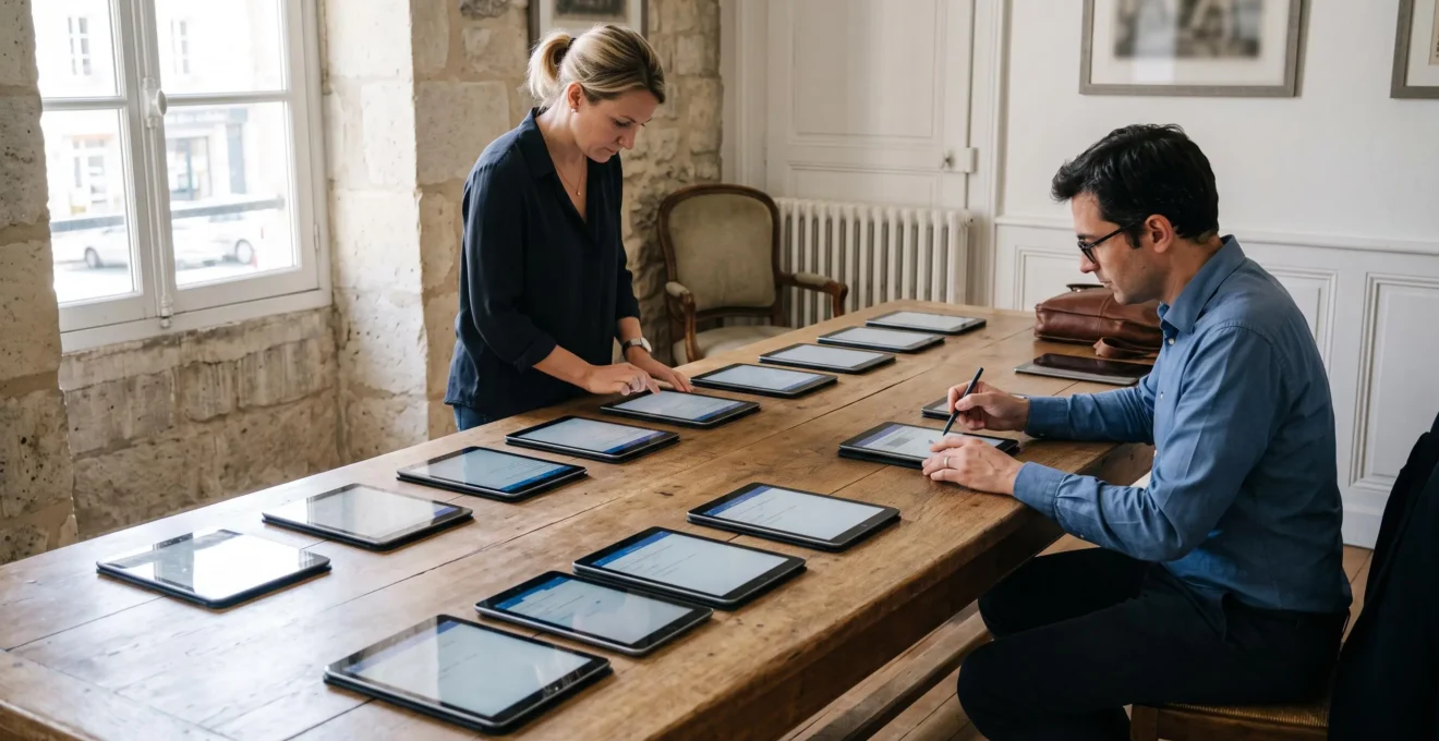 Plusieurs tablettes alignées sur une table pendant un essai collectif en salle de réunion.