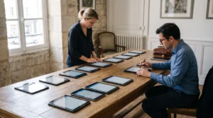 Plusieurs tablettes alignées sur une table pendant un essai collectif en salle de réunion.